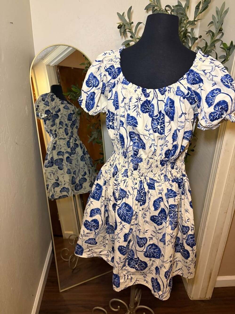 Blue and White Floral Smocked Dress